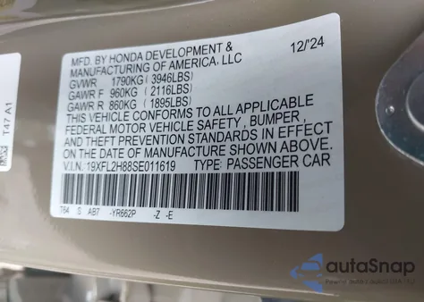 2025 Honda Civic Sport из США, поврежденный, VIN 19XFL2H88SE011619